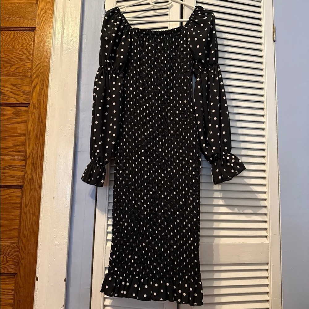 SHEIN Black and White Ruched Bishop Sleeve Dress